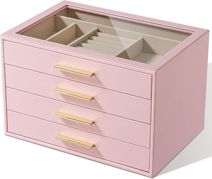 pickpiff Jewelry Box Organizer Case for Women: 4-Layer Jewelry Storage Case with Glass Window, Pink Leather with Velvet Holder for Ring Necklace Bracelet Brooch Watch, Great Gift for Her