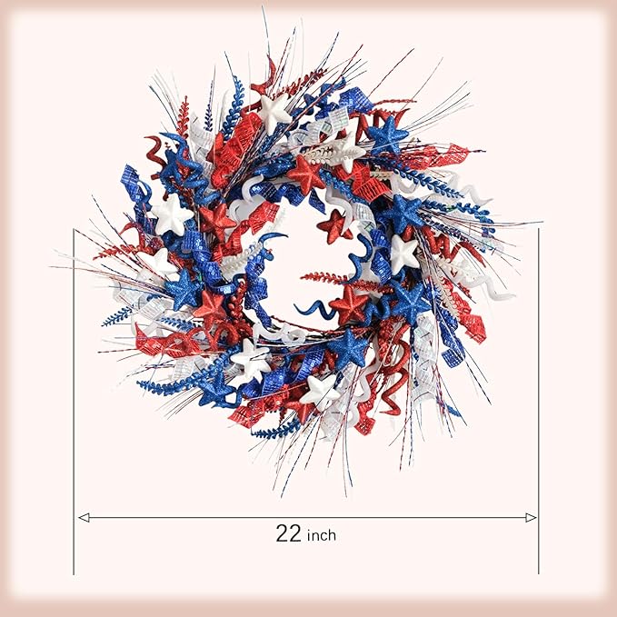 22-Inch Artificial 4th of July Wreath for Front Door - A Patriotic Masterpiece with Glitter Red White Blue Stars Tassels for Memorial Day Independence Day Indoor Outdoor Decor