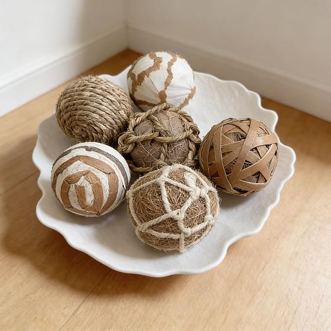 6pcs Decorative Balls for Bowl Centerpiece, 2.4 Inch Orbs Spheres Decor Balls Rattan Wicker Balls for Bowl Fillers, DIY Home Vase Table Decor
