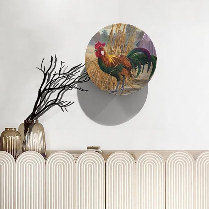 Rooster Decorative Ceramic Plates, 6 Inch, Chicken In Rice Field Round Display Plate, Handmade Ceramic Ornament, Ceramic Craft for Wall Hanging Decorative