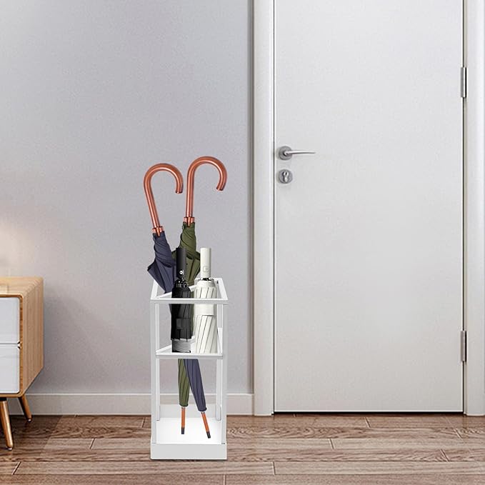 Umbrella Stand, 2-Tier Umbrella Holder with Drip Tray for Entryway, Freestanding Umbrella Rack Organizer for Walking Sticks & Canes, White Iron Modern Design for Home Office Hallway