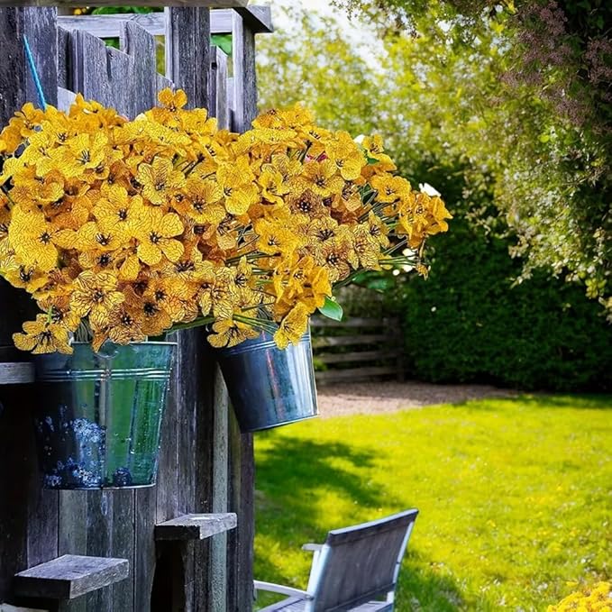 12Pcs UV Resistant Artificial Flowers Artificial Violet Outdoor Decor Realistic Faux Plants Silk Flowers No Fade for Patio Hanging Baskets Garden Pots Farmhouse Yard (Yellow)