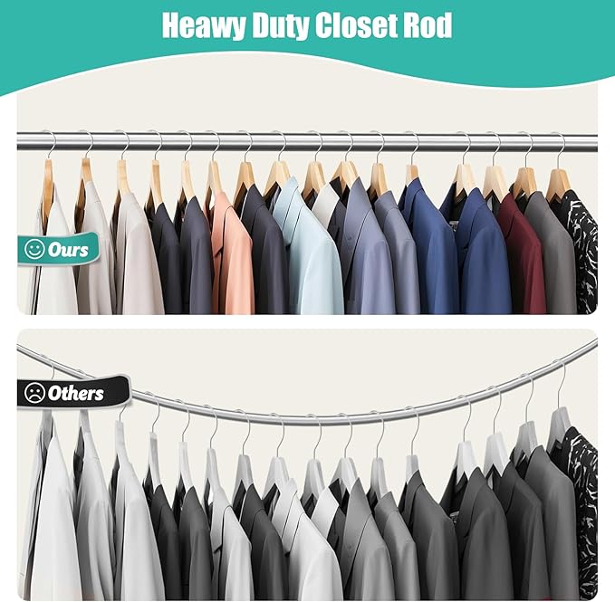 Closet Rod, 16 to 100 Inch Closet Rods Heavy Duty Adjustable Wardrobe Poles for Hanging Clothes and Heavy Duty Bracket Closet Pole Support (The Shelf NOT Included)(Silver)