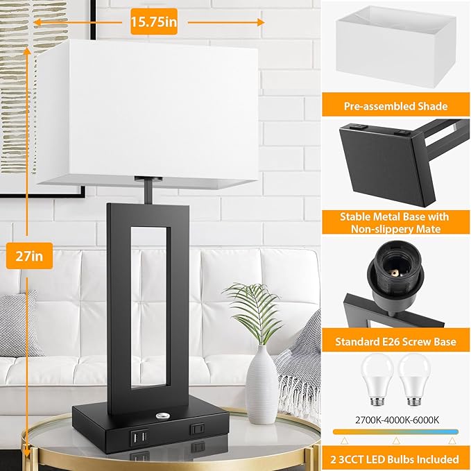 27.2’’ Tall Black Table Lamps for Living Room Bedroom, Bedside Touch Control Lamps with 2 USB Ports&AC Outlet, 3 Color Temp.&Stepless Dimming Desk Lamp Sets for Home Office, Pre-assembled White Shade