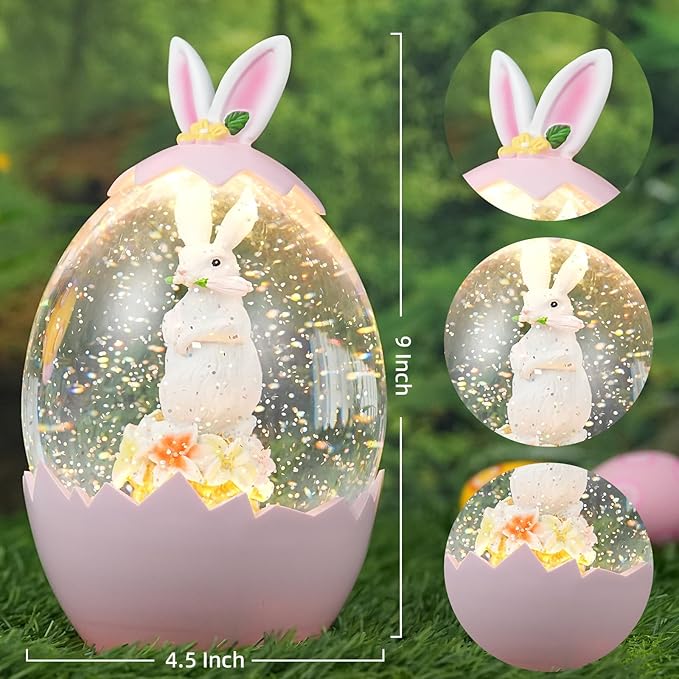 Easter Snow Globe Lantern with 6H Timer, Lighted Swirling Glitter Bunny and Eggs Decor, USB/Battery Operated Easter Decorations for Home, Spring Holiday Centerpiece or Gift