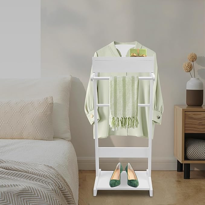 Suit Valet Stands for Women and Men Clothes Wood Valet Stand with Base Freestanding Clothing Organizer Valet Stand Contour Hanger Trouser Bar Belt Hooks for Office Living Room (White)