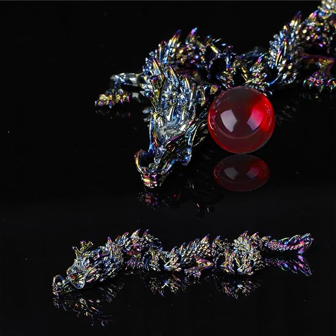 LIYAOLI Large Metal 3D Printed Articulated Chinese Dragon Figurine Statue Bookshelf Decor 15 Inch Three Color Flexible Joints Luck Dragon for Home Office Desk Decoration,with Red Gemstone Bead
