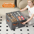 4 Pack Shoe Organizer for Closet, Foldable Shoe Storage Organizer with Adjustable Dividers and Clear Cover, Stackable Fabric Closet Shoe Organizer Storage Box Fits 32 Pairs, Gray
