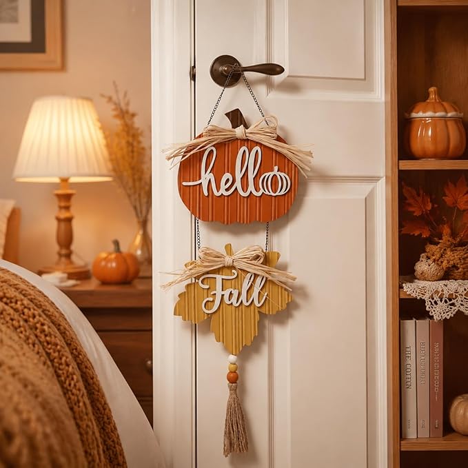 Valery Madelyn Fall Decorations for Home, Fall Wall Decor with Pumpkin and Maple Leaf, Rustic Farmhouse Fall Wreaths, Wooden Pumpkin Decor for Thanksgiving Autumn, 15 inch