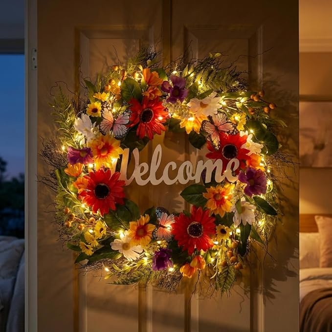 Valery Madelyn Spring Summer Wreaths for Front Door，Collapsible 24 Inch Door Wreath with Daisy Flower,Butterfly and “Welcome” Wood Sign Floral Wreath for Wedding, Wall, Home Decorations