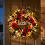 Valery Madelyn Spring Summer Wreaths for Front Door，Collapsible 24 Inch Door Wreath with Daisy Flower,Butterfly and “Welcome” Wood Sign Floral Wreath for Wedding, Wall, Home Decorations