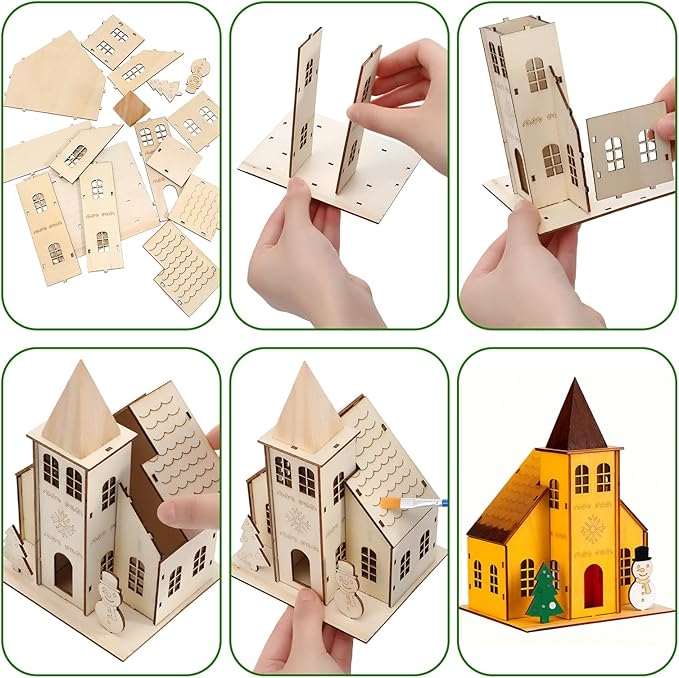 Thyle 6 Set Christmas Wooden House Kit for Craft DIY Christmas Village Unfinished Wooden Gingerbread House Make Your Own 3D Houses Xmas Painting Gift Craft Activity Creative DIY Art Decoration Project