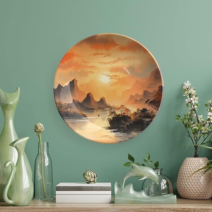 Decorative Plates for Wall Hanging, Ancient Chinese Mountain & Pavilion Landscape Ink Painting Ceramic Plate with Display Stand, Home Decor for Kitchen Cabinets, Farmhouse Round Tray 6 Inch