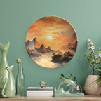 Decorative Plates for Wall Hanging, Ancient Chinese Mountain & Pavilion Landscape Ink Painting Ceramic Plate with Display Stand, Home Decor for Kitchen Cabinets, Farmhouse Round Tray 6 Inch