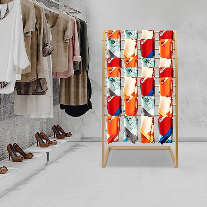 Scarf Display Stand, 10 Tier Metal Scarf Holder Organizer, Freestanding Scarf Rack, for Hanging Towels, Scarves, Clothes, Shawls, Blankets, Bandana, for Commercial Clothing Retail Store (Gold)