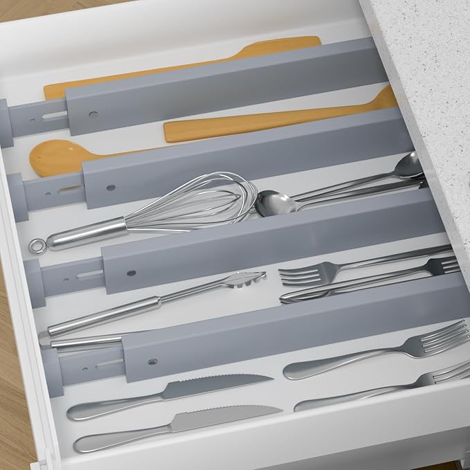 Ruichang Bamboo Kitchen Drawer Divider 4 Pack,17-22" Adjustable Utensil Drawer Organizer for Dresser Bathroom Bedroom,Grey
