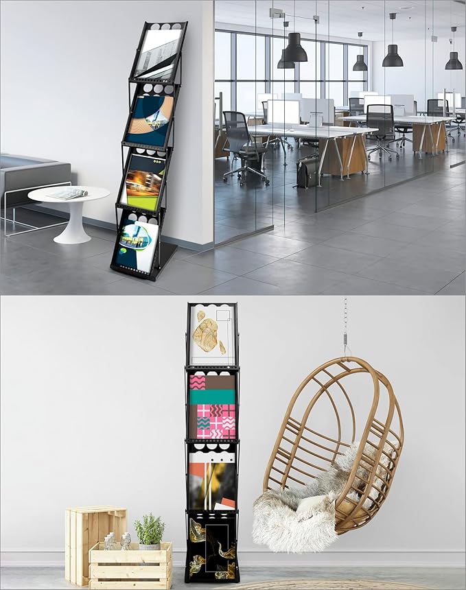 QWORK Magazine Brochure Display Rack Stand, 4 Pocket Foldable Literature Catalog Rack Book Holder Tradeshow Display Stand, for Office Store and Exhibition Trade Show (Black)