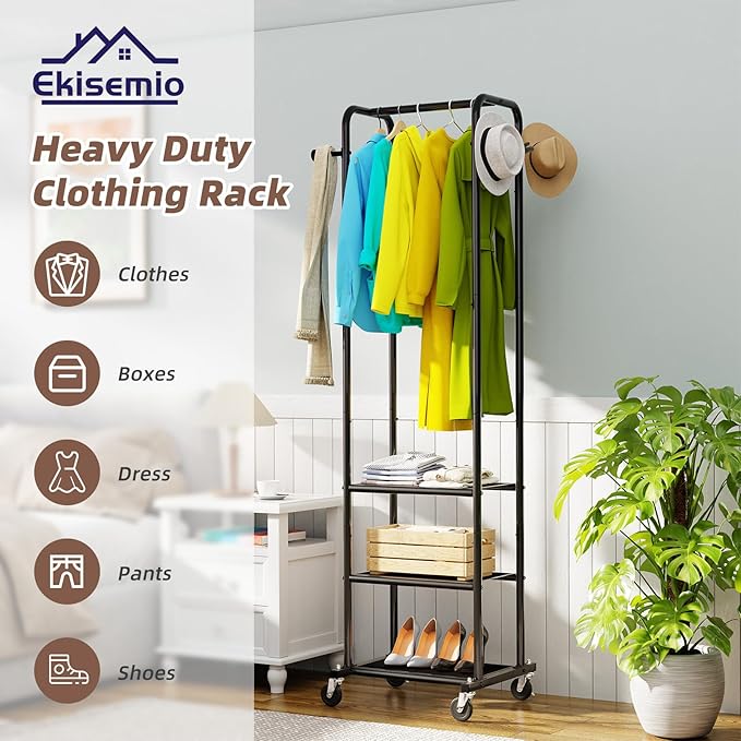 Heavy Duty Clothing Rack with Wheels, Modern Garment Rack with 3 Metal Shelves, Black