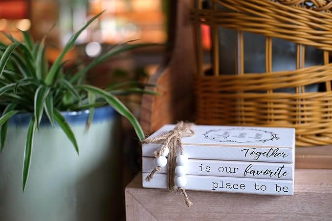 LIVDUCOT Decorative Books for Home Coffee Table Decor, Faux Books for Decoration, Modern Farmhouse White Wood Book Stack Decor for Shelf, Together is Our Favorite Place to Be Sign 7x5.5x2.5