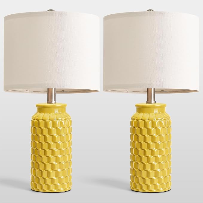 USumkky 20.5" Ceramic Table Lamps Set of 2 - Modern Farmhouse & Boho Style, Bedside Nightstand Lamps for Bedroom, Living Room End Table Lamps, Small Desk Lamp(Yellow)