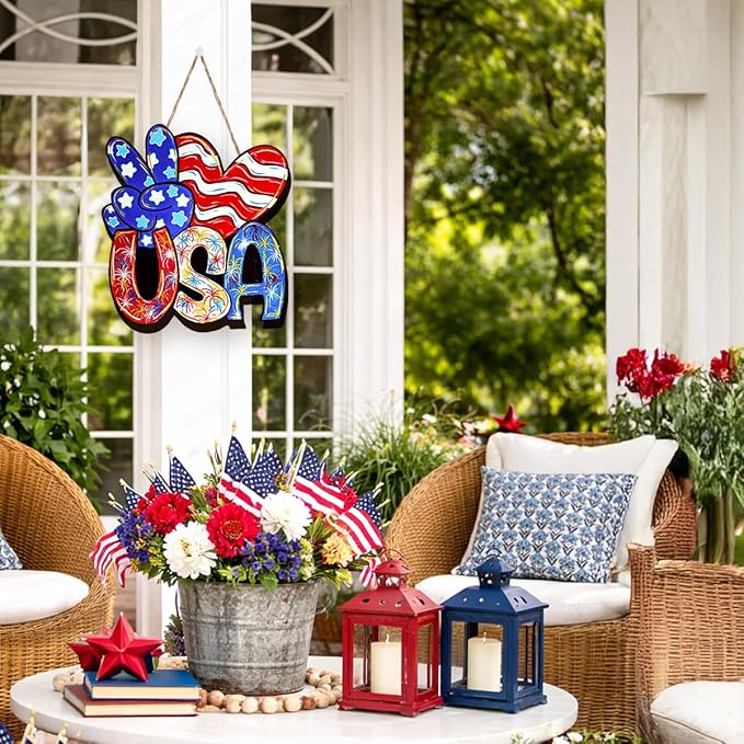 Wooden 4th of July Decorations Patriotic Wreaths for Front Door Independence Day Decorations Star Sign Welcome Memorial Day Hanging for Home Wall Decor Outdoor Indoor Red White and Blue Wreath 6