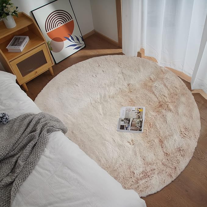 Ghouse Faux Rabbit Fur Round Rug 6ft Light Brown Beige Round Rugs for Bedroom Decor Fluffy Area Rugs for Living Room, no-Shedding Carpet Sheepskin Washable Rug Rome Decor