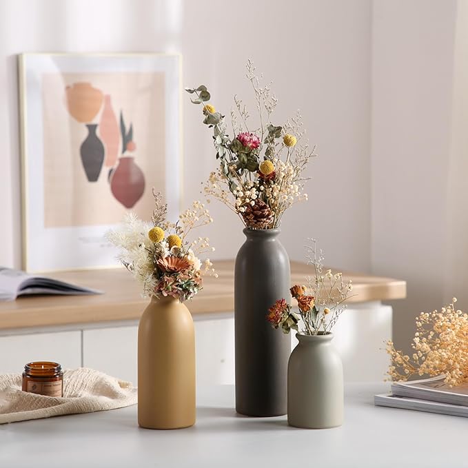 CWLWGO-Ceramic Matte Vase Set for Home Decor, Modern and Minimalist Decorative Flower Vases, Kitchen Living Room Table Centerpiece Decoration, Mantel Entryway Bookshelf Decor（Matte Multi）