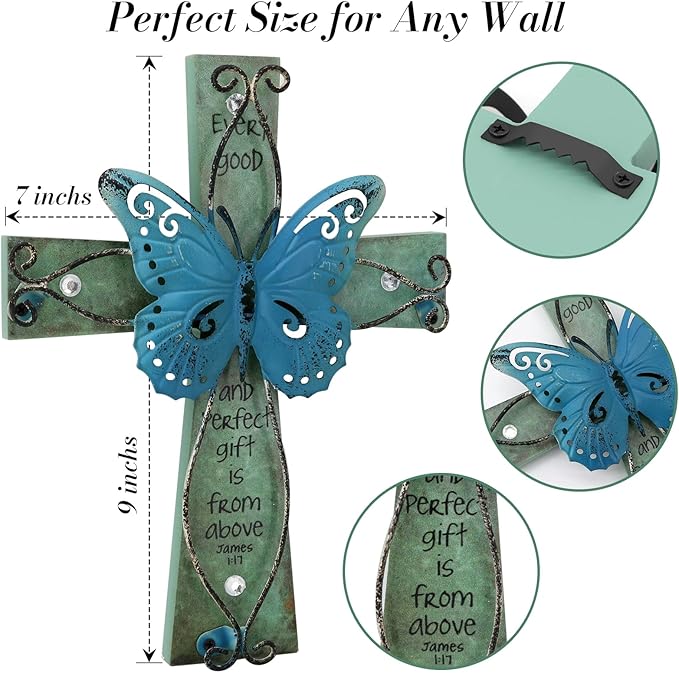 INHAI Handcrafted Christian Wall Cross 9x7,James 1:17 Verse on Wood with Antiqued Metal,Mother's Day Inspirational Home Decor Gift(Blue)