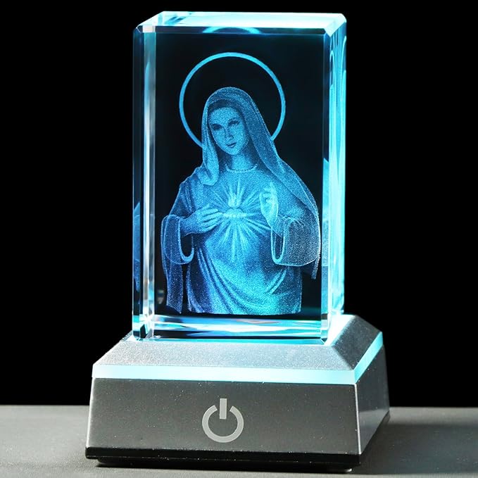 YWHL 3D Crystal Virgin Mary with Colorful Light Base, Laser Engrave Blessed Mother Religious Gifts for Women, Christian Gifts for Friend, Our Lady of Guadalupe