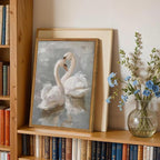 Framed Vintage Swan Canvas Wall Art, Romantic White Swan Paintings Wall Decor, Rustic Animal Pictures Prints Farmhouse Home Decor for Living Room Bedroom 16x24 inch