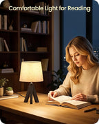 Tripod Table Lamp, 14.6 Inch Small Bedside Lamp with Beige Linen Shade & Dark Walnut Base, Modern Nightstand Lamp for Bedroom, Kids Room, Living Room, Nursery, Office, E26 Socket, VE51TL05