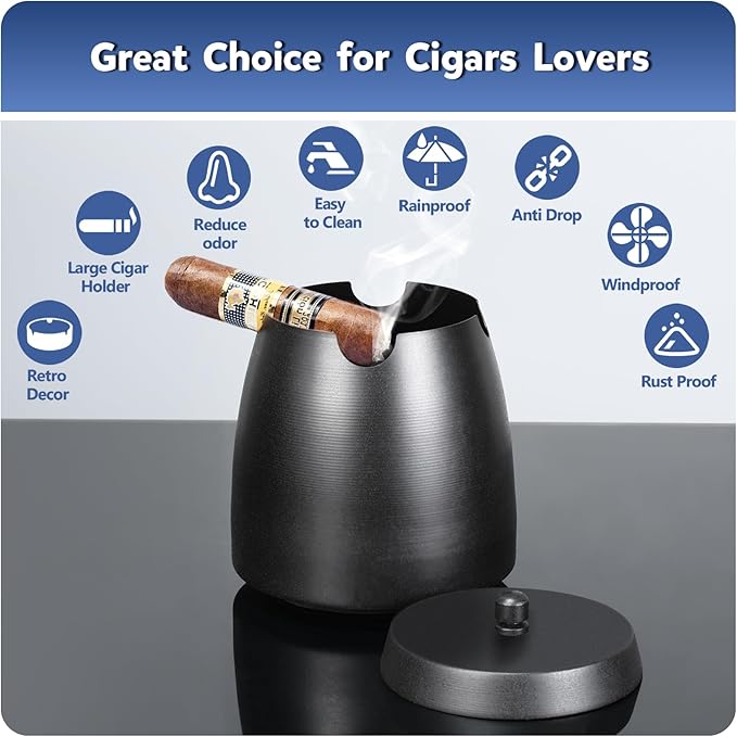Cigar Ashtray with Lid for Outdoors Indoors Outside Patio Home Black Decor,Large Holder Ash tray Windproof,Cigar Accessories Gift for Men Dad Husband Boyfriend (Small)