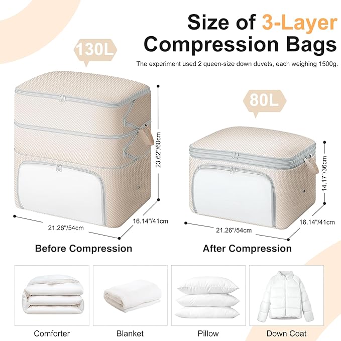 Comforter Storage Bag - 130L Blanket Storage Bags Front-opening Ultra Space Saving Self Compression Organizer, Washable Compression Bags for Storage Comforter Blanket, 2 Pack, Beige