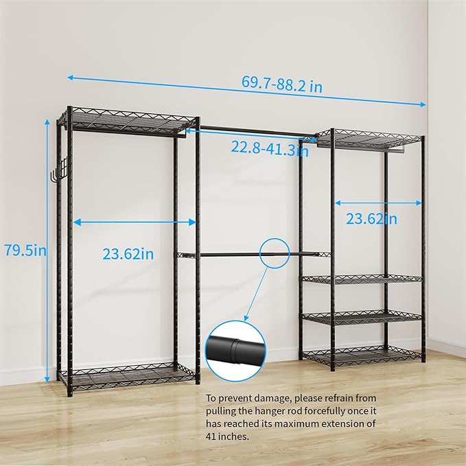 ecobedding Heavy Duty Garment Rack, 900LBS Max Load Freestanding Closet Organizer with 6 Storage Shelves & 3 Adjustable Hanging Rods, Multifunctional (Black, 15.75" D x (69.7~88.2)" W x 79.5" H)