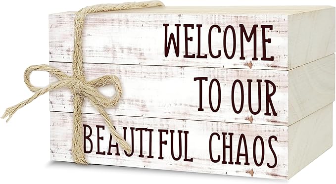 Ycyfckdr Decorative Wood Book Stack for Home, Welcome to Our Beautiful Chaos, Rustic Table and Living Room Bookshelf Farmhouse Decor (L70)