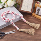 CREATCABIN 42 Inch Wood Bead Garland Decor Rustic Country Farmhouse Boho Home Pink White Wooden Beads Tassel Wall Hanging Ornaments for Coffee Table Wall Shelf Tray Vase Living Room Bedroom