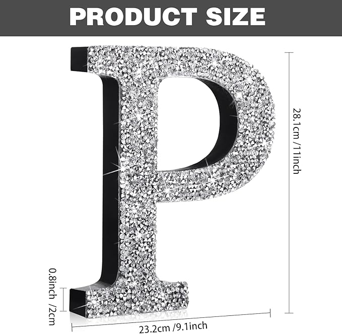 Qunclay 12'' Silver Crystal Diamond Bling Letters Crushed Diamond Decoration Wooden Glitter Letter with Screw and Hooks Rhinestone Gift for Wedding Y2k Mcbling Bedroom Wall Decor (Letter P)