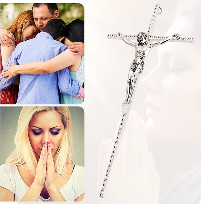 DCCXN Crucifix Wall Cross, Catholic Silver Metal Wall Crucifix with Custom Engraving Design for Home Decor - 10 Inch