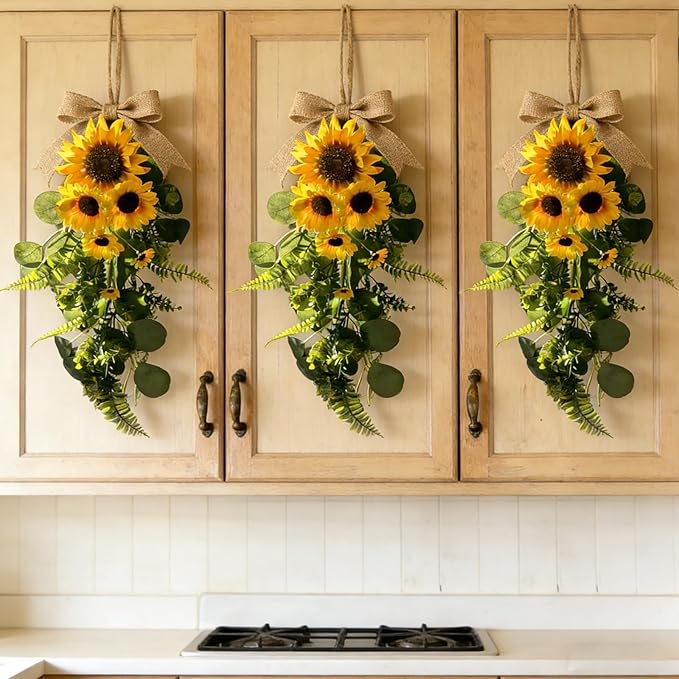 24in Artificial Sunflowers Teardrop Swag Spring Summer Sunflowers Floral Swag Wreath with Burlap Bow Fake Yellow Sunflower Garland for Front Door Indoor Outdoor Window Home Decor