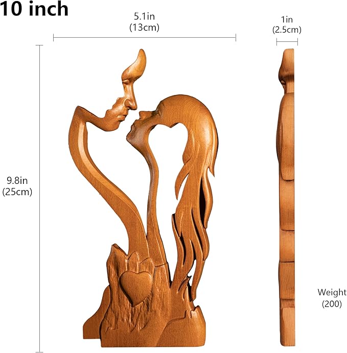 BGCOPPER Wooden Kissing Couple Ornament, Abstract Couple Portrait Sculpture Romantic Love Statue Decor Gift for Women Anniversary Valentine Wedding - 10 Inch