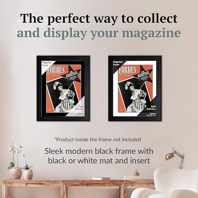 Creative Picture Frames 8 x 10.25 Magazine Frame with Full-Strength Glass, Holds Up To A 1/4" Thick Media with Installed Hangers for Easy Mounting, 11x14 Black Frame with Black Mat