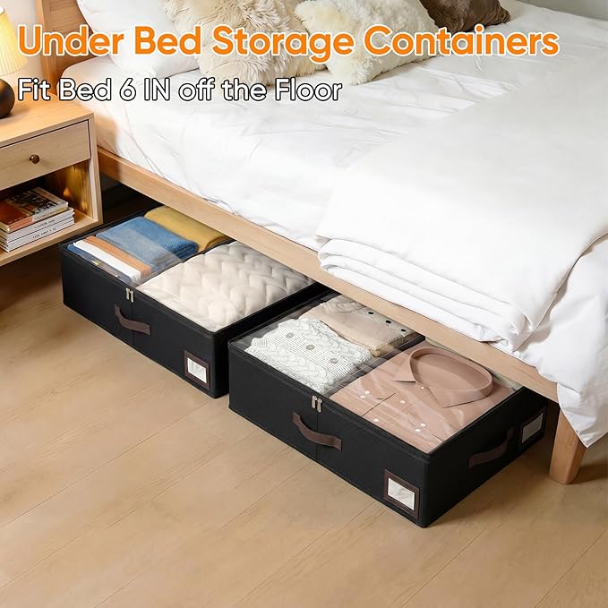 OIAHOMY 2 Pack Under Bed Storage, 6 Inch High Under Bed Storage Containers with Adjustable Dividers, Dual Zippers, &Clear Lid, 38L Under Bed Drawers For Clothes, Blankets, Clothing, & Shoes, Black
