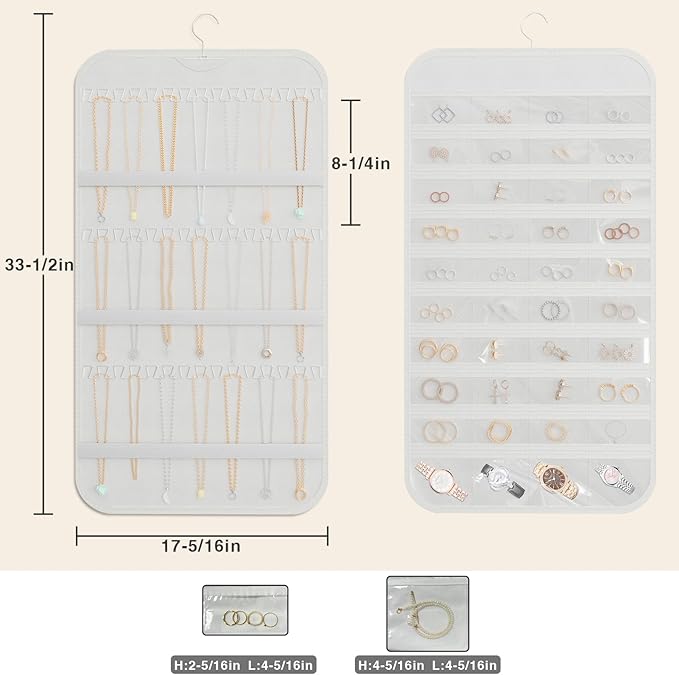 2-Pack Hanging Jewelry Organizer Storage, 40 Pockets 36 Hooks Necklace Earring Necklace Bracelet Ring Organizer, Double - Sided Design, White
