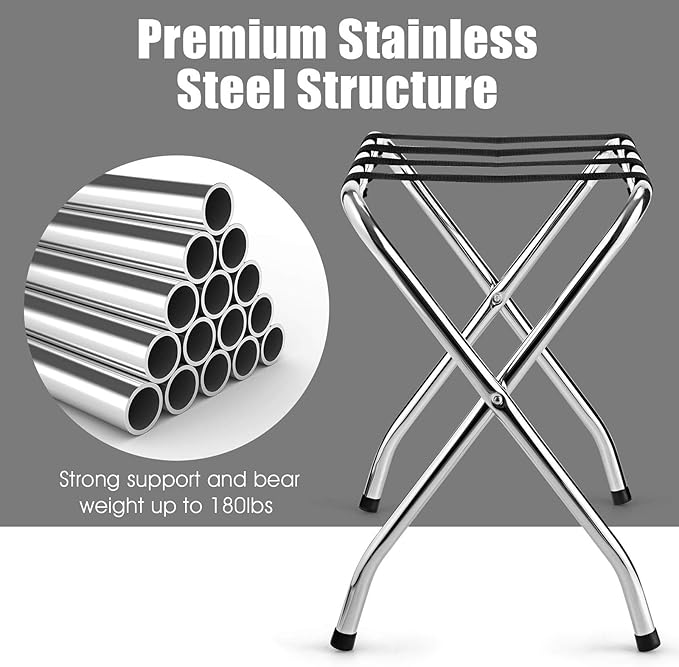 Tangkula Chrome Luggage Rack for Guest Room, No Assembly Required, Folding Metal Suitcase Stand with Nylon Belts, for Home Bedroom Guest Room Hotel, Luggage Rack, Silver (1)