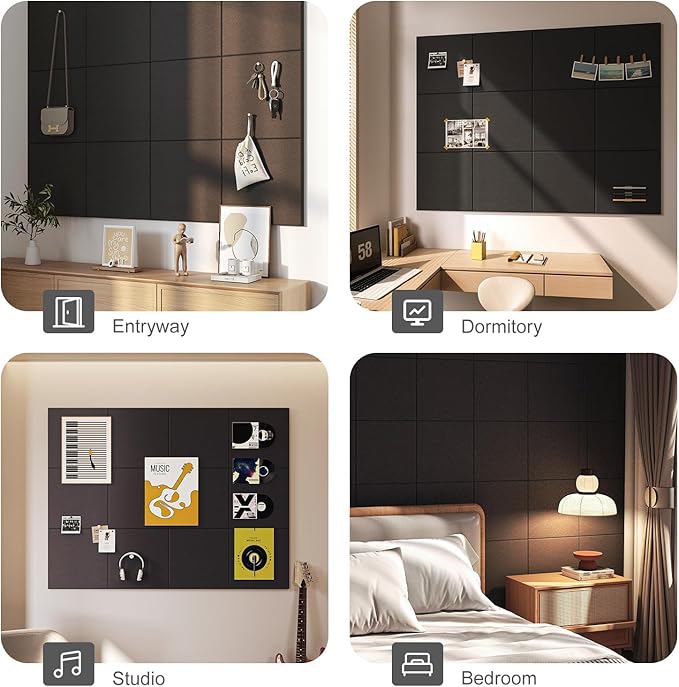 Large Cork Bulletin Board Wall - 48" x 36" Felt Pin Board TSJ OFFICE 12 Pack Tiles Set with 50 Pushpins & Safe Removable Adhesive Tabs, Corkboard for Office Home Office Decor Classroom Display - Black