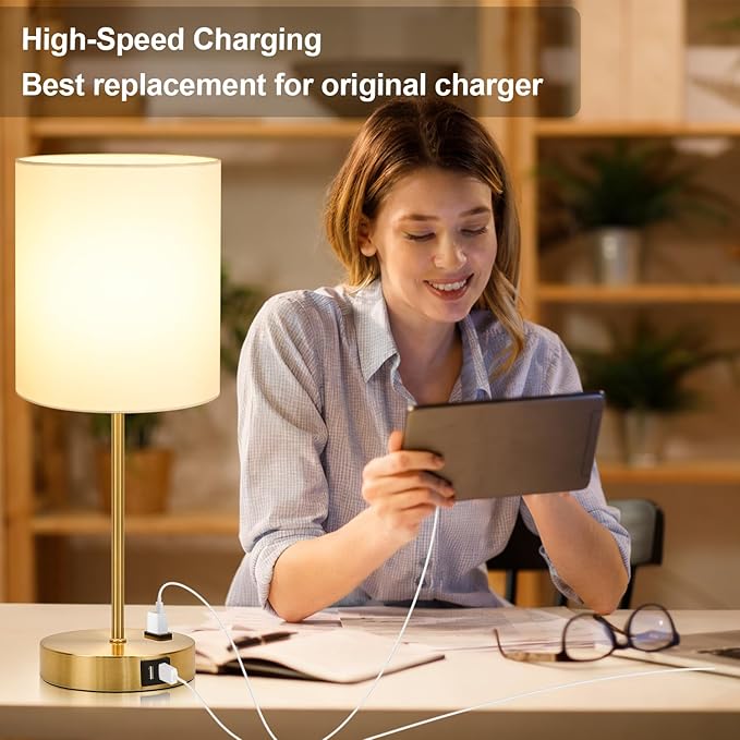Lynnoland 2 Pack Touch Control Table Bedside Lamps with 2 USB & AC Outlet, 3-Way Dimmable Bedside Nightstand Lamps for Bedroom Living Room Nursery, 800 Lumens 3000K Warmlight Bulbs Included