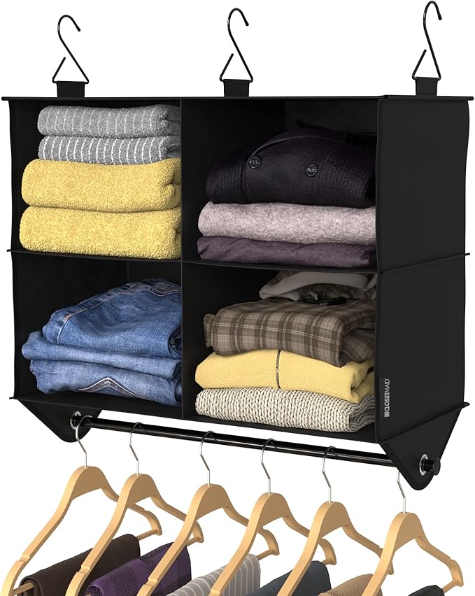 ClosetMaid 4-Shelf Fabric Hanging Closet Organizer with Garment Rod for Shirts, Sweaters, Pants, Hats, Shoes, Purses with Charcoal Black Finish