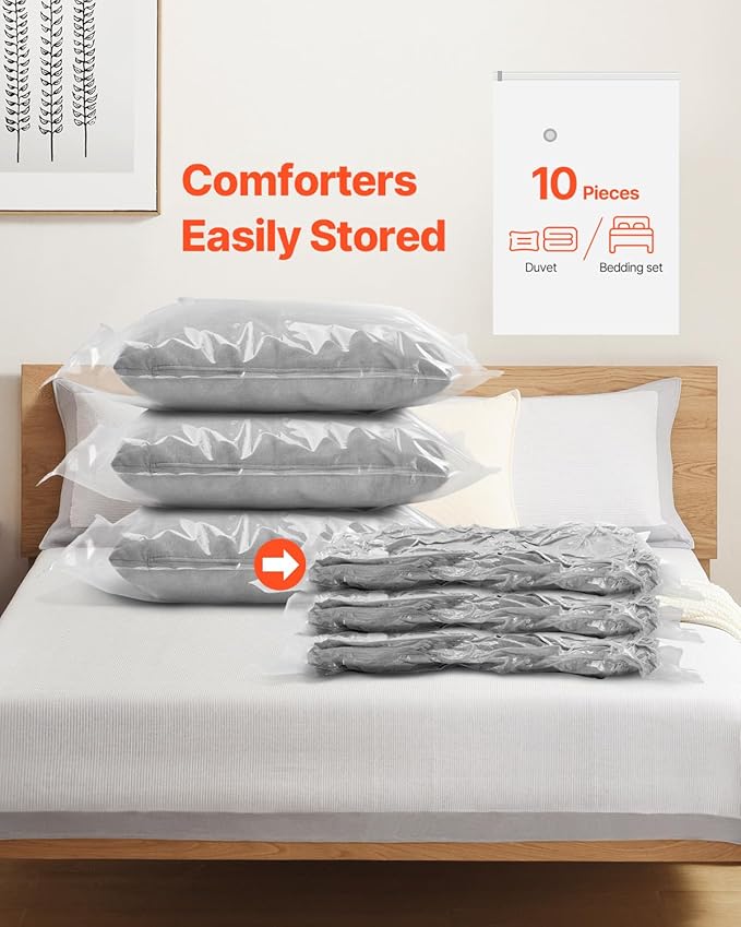 VEVOR Vacuum Storage Bags, 10 Jumbo Space Saver Vacuum Seal, Compression Airtight Space Bags, Zipper Sealer Bags for Clothes, Bedding, Blanket, Pillows, Comforters, Travel (Hand Pump Included)