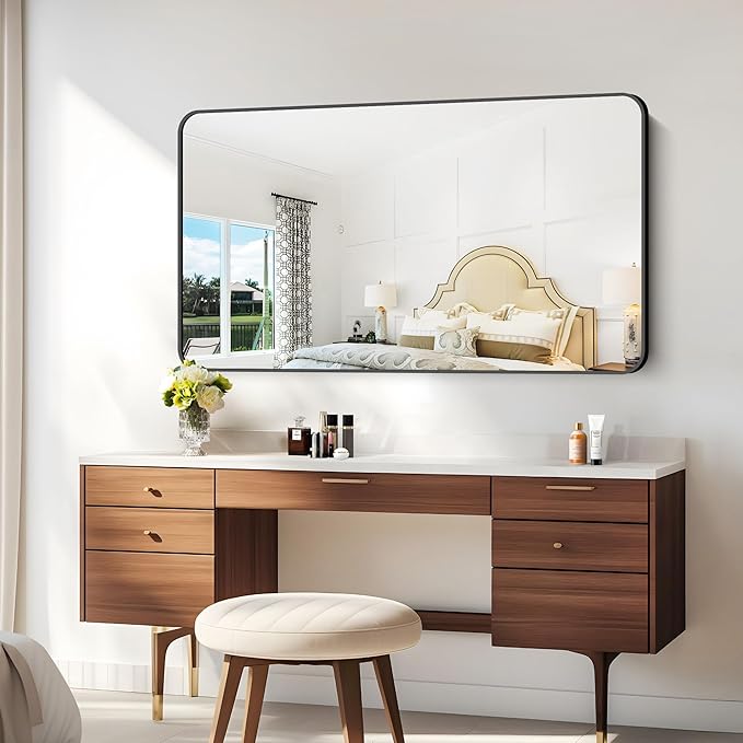 BONEWEI 30x55 inch Bathroom Mirror,Black Rectangle Mirror,Wall Mounted Bathroom Frame Vanity Mirror with Round Corner for Bedroom Living Room, Entryway Hangs Horizontal or Vertical