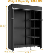 F2C Clothes Rack with Cover, Clothing Racks for Hanging Clothes, Heavy Duty Garment Rack with Shelves and Hanger Rods, Black Closet with Black Cover, 47.2" W x 16.5" D x 78.3" H, Load 630lbs